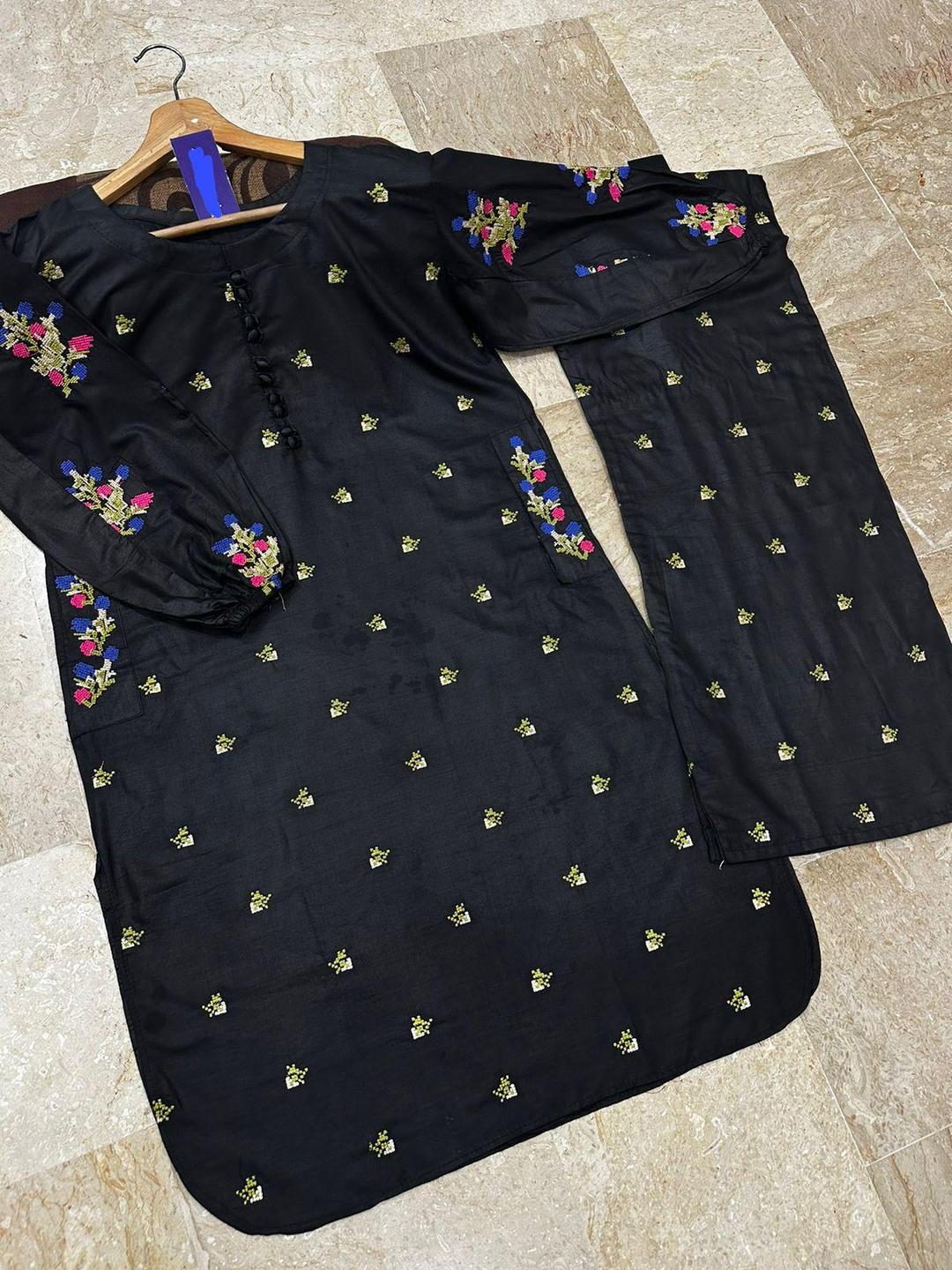 2 Pcs Women's Stitched Linen Embroidered Shirt And Trouser