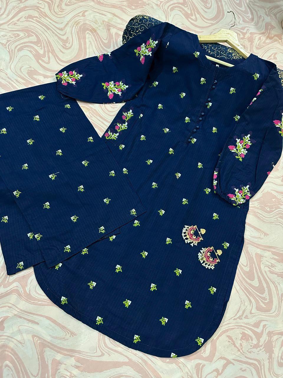 2 Pcs Women's Stitched Linen Embroidered Shirt And Trouser