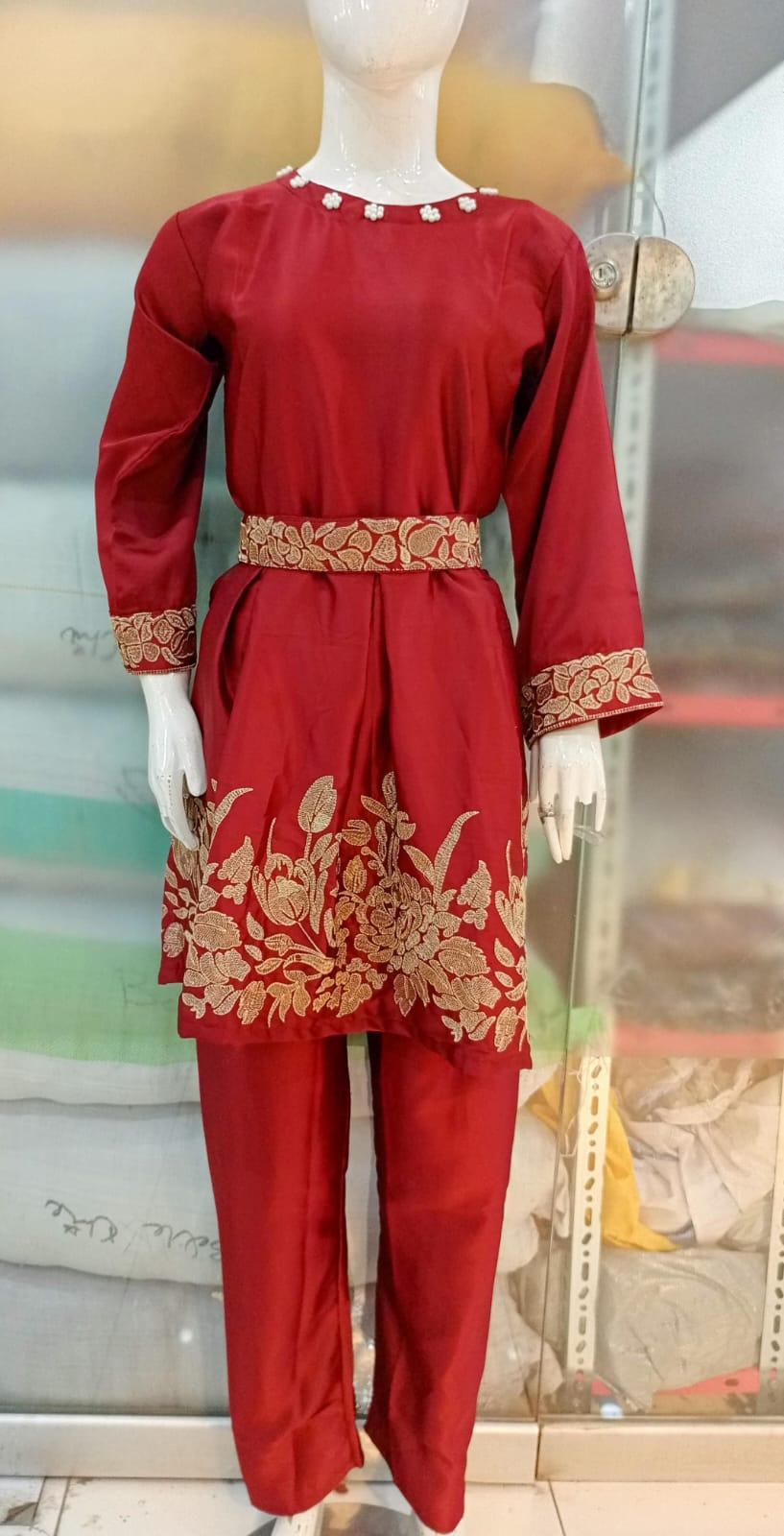 Stylish Women's Stitched Fleece Set - Embroidered Round Neck Top & Trouser, 2 Pcs - Red