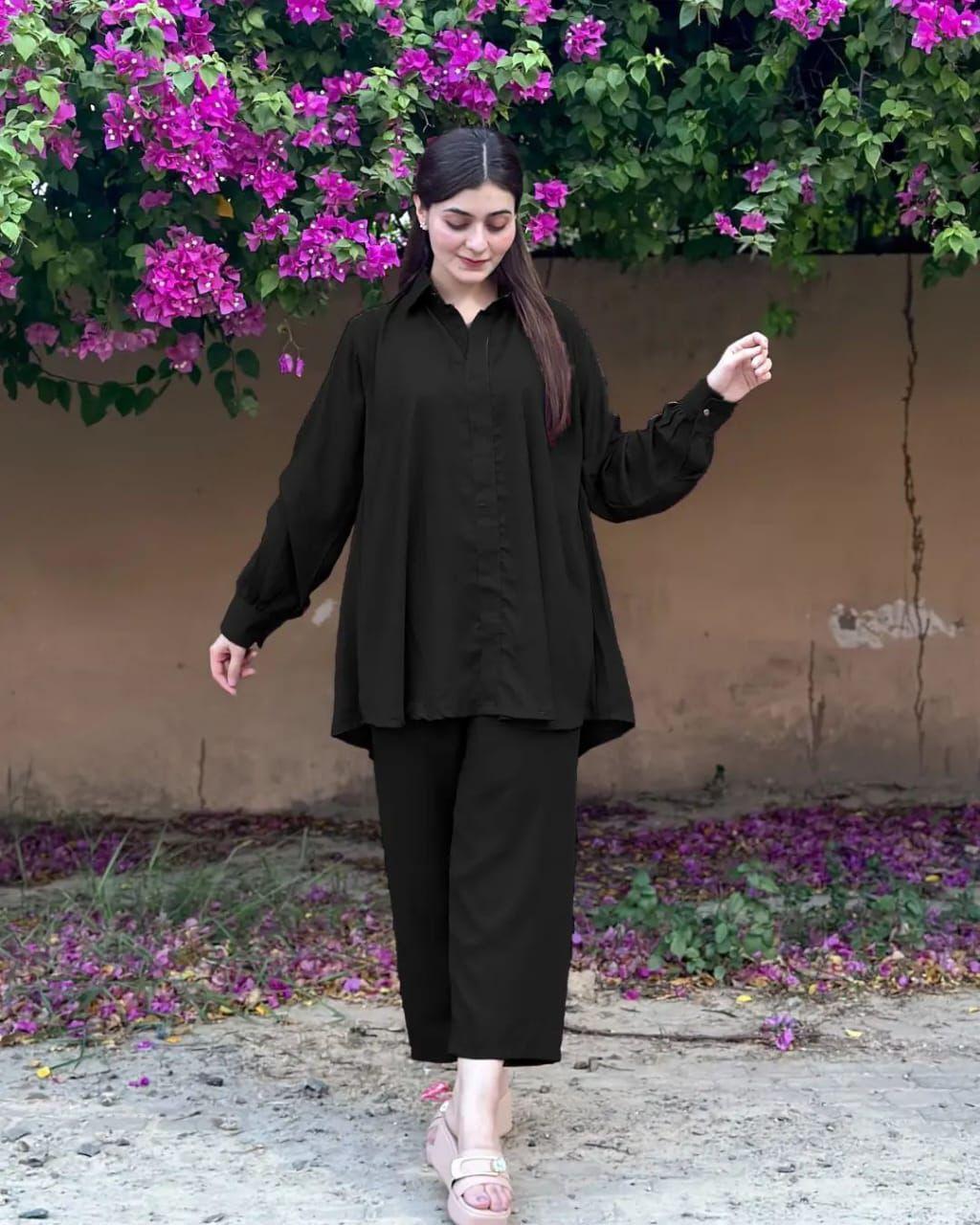 Stylish Black Georgette Co-Ord Set - 2 Pcs in Plain Pattern