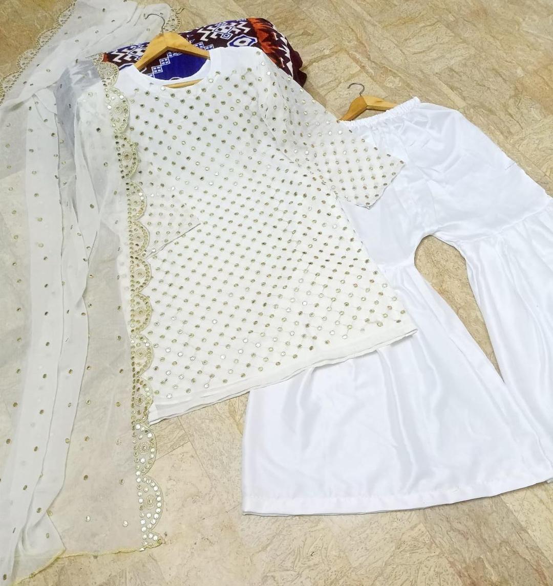 Stunning Women’s Stitched Gharara Shirt Set - Chiffon Sequins Embroidered - 3 Pcs in White