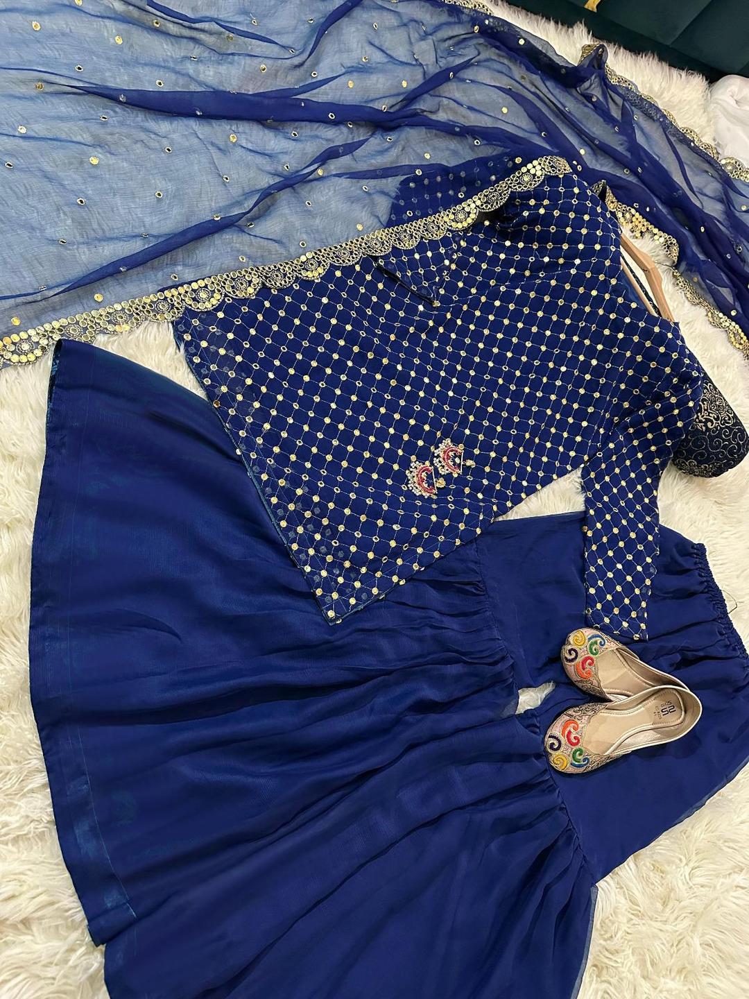 Stunning Blue Chiffon Gharara Shirt Set - 3 Pcs with Sequins Embroidery