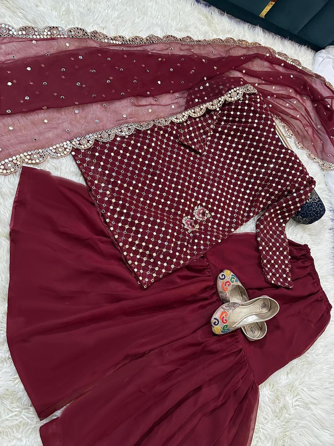 Maroon Chiffon Gharara Shirt Set with Sequins Embroidery - 3 Pcs