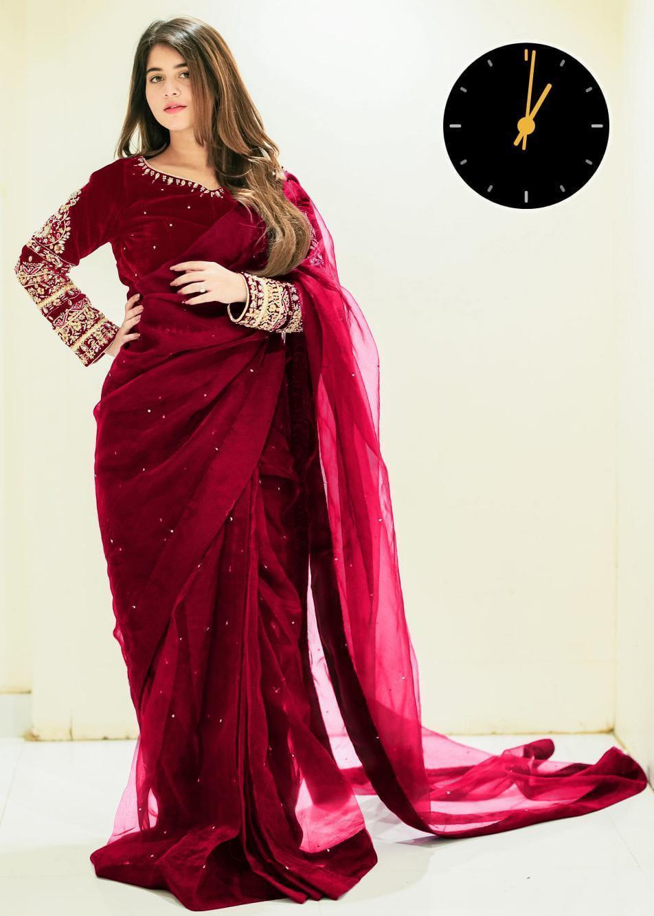 Stitched Saree - Maroon Chiffon Embroidered 2 Pcs with Blouse