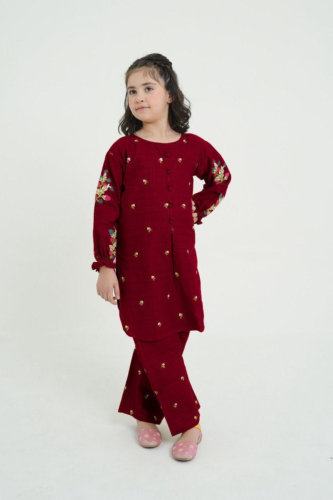 2 Pcs Girl's Cotton Embroidered Shirt And Trouser Suit