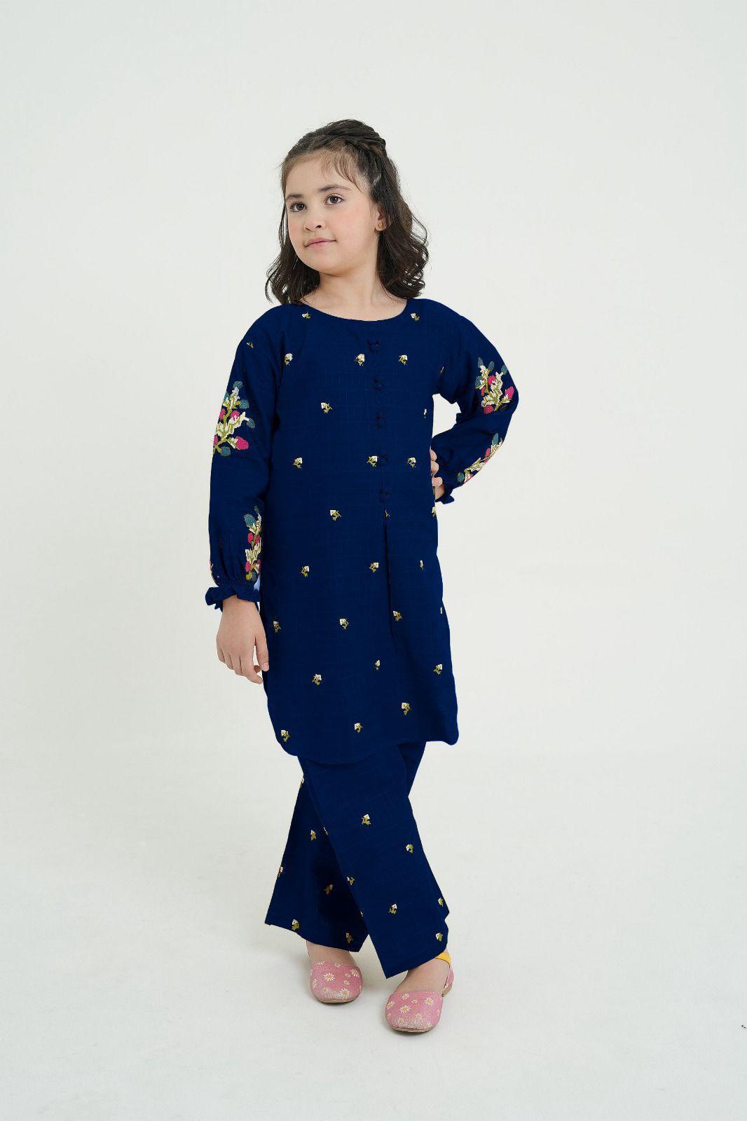 2 Pcs Girl's Cotton Embroidered Shirt And Trouser Suit