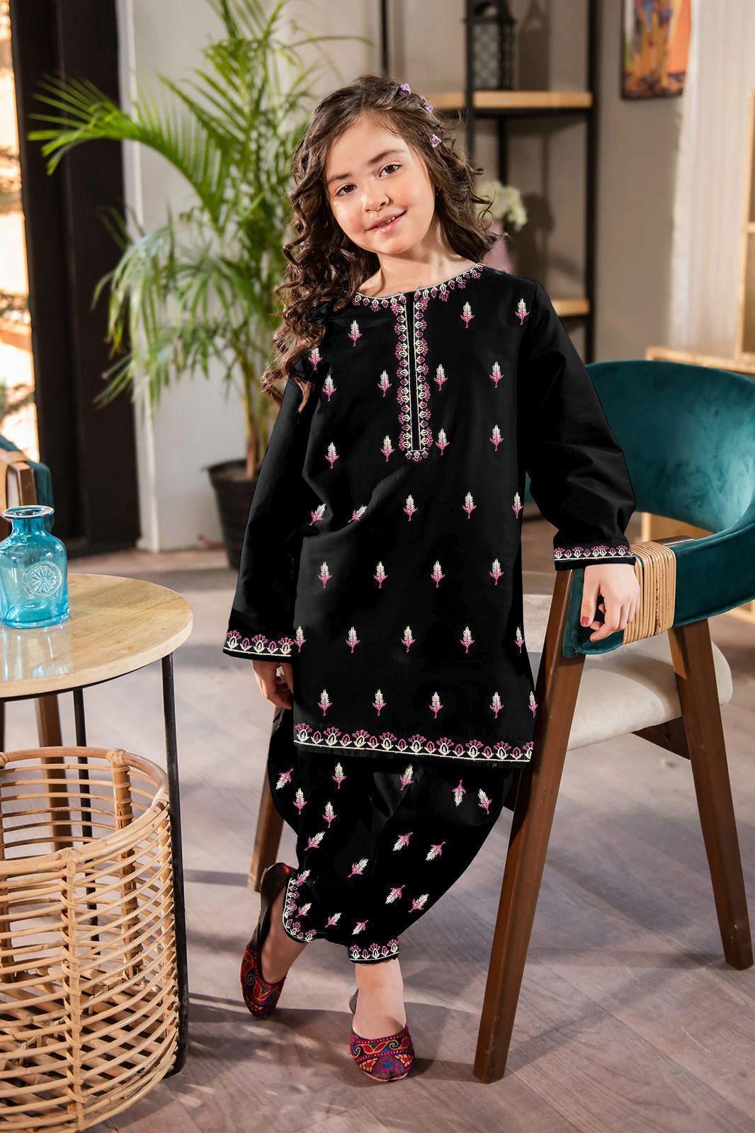 2 Pcs Girl's Cotton Embroidered Kurta And Shalwar Suit