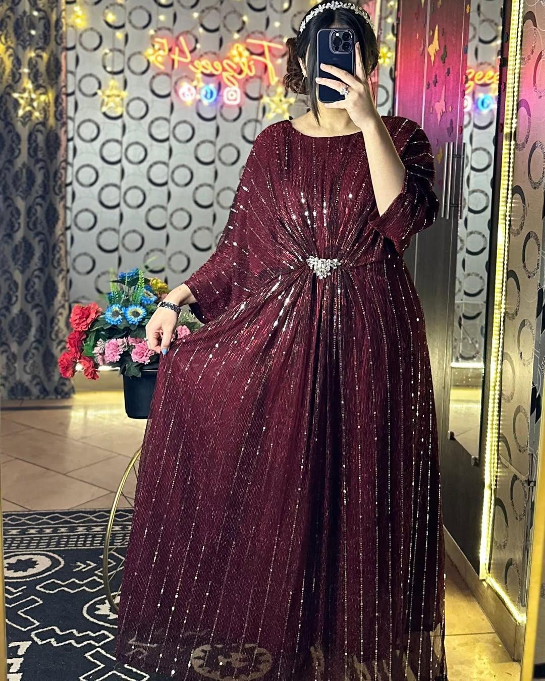 Stunning Sequins Embroidered Kaftan - 1 Pc Maroon Chiffon