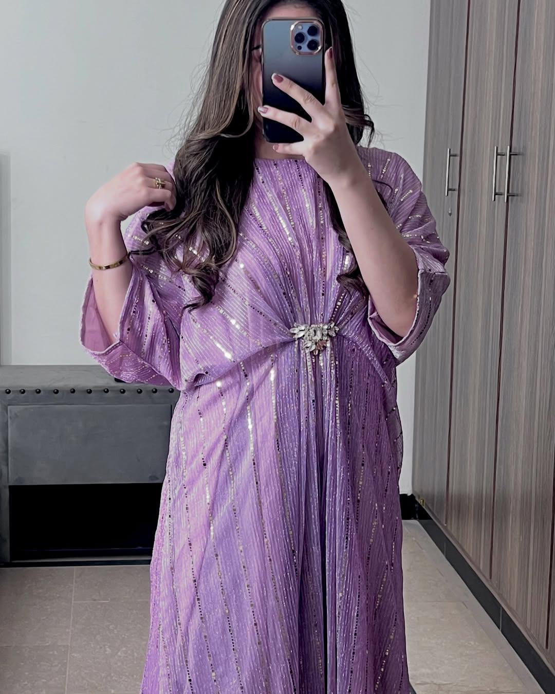 Luxurious Purple Sequins Embroidered Women's Stitched Kaftan - 1 Pc