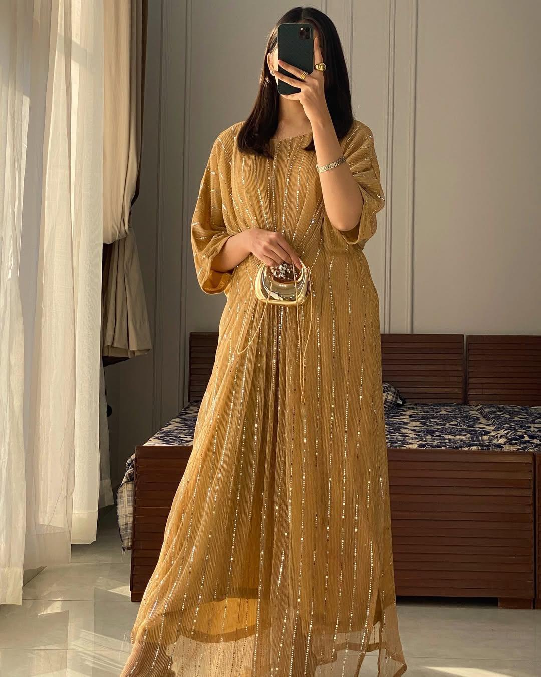 Stunning Golden Sequins Embroidered Kaftan - 1 Pc