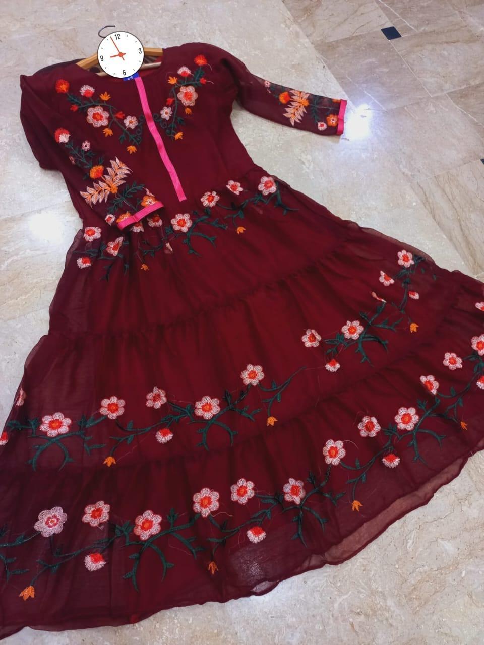 Elegant  Embroidered Chiffon Long Flair Maxi Suit - 1 Pc