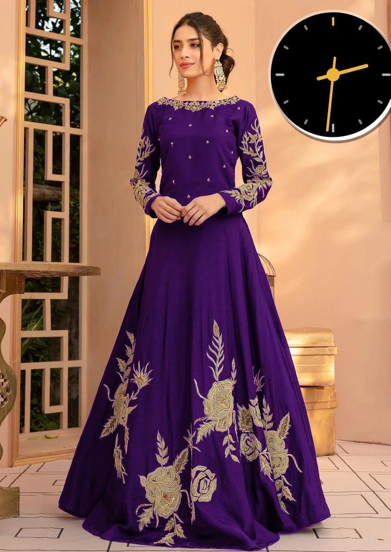 Exquisite Purple Embroidered Maxi Dress - 1 Pc Women's Stitched Shamoz Silk