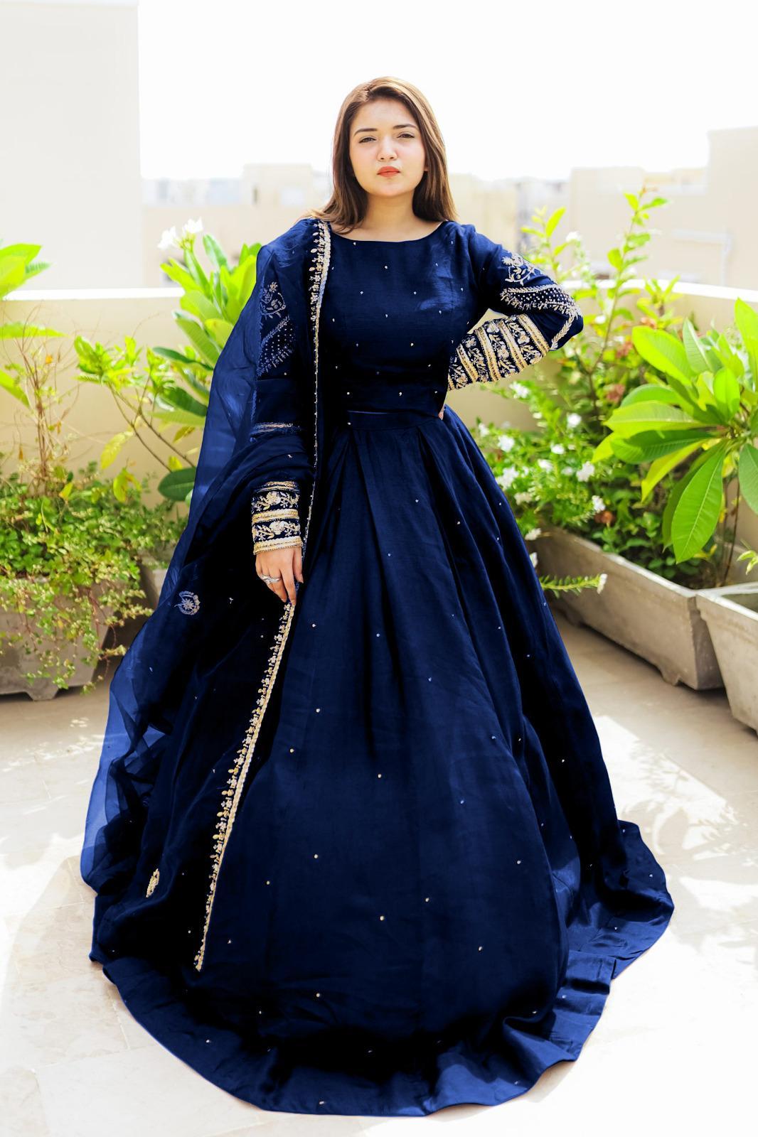 Stylish 3 Pcs Women's Stitched Maxi Suit in Shamoz Silk with Embroidered Design