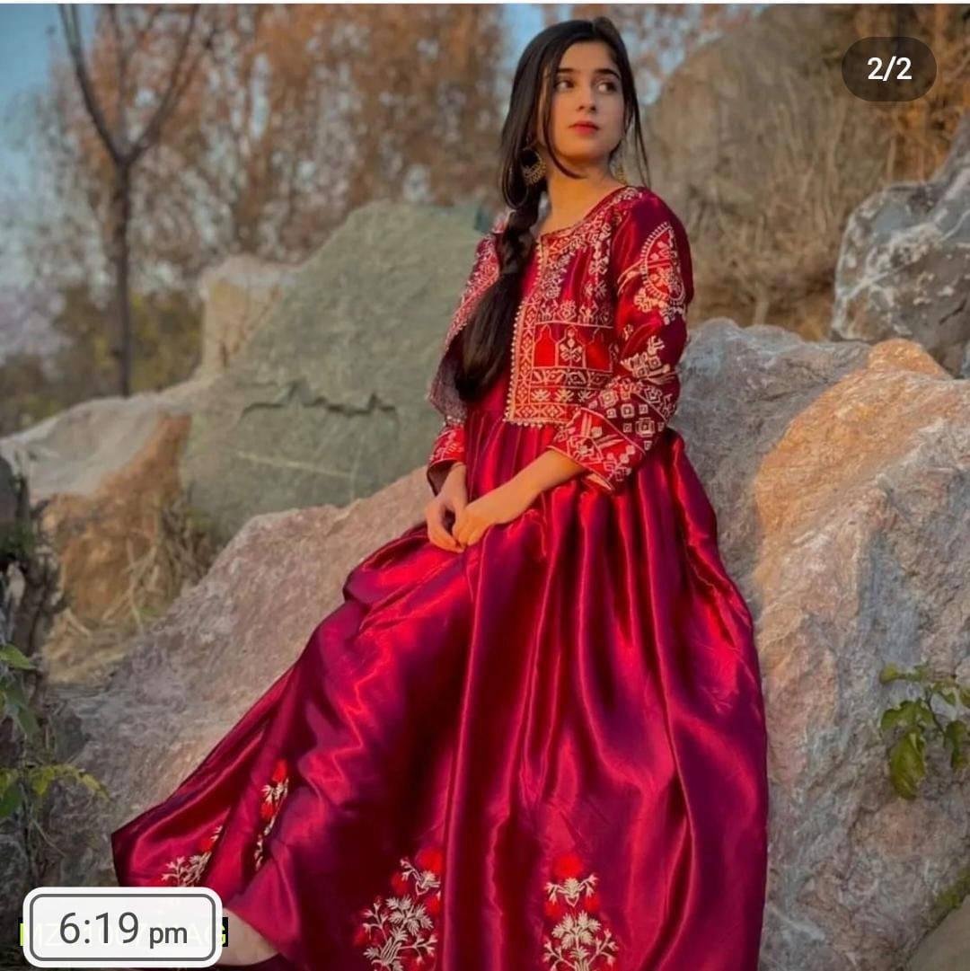 Stunning 2 Pcs Women's Stitched Embroidered Silk Maxi Suit - Round Neck 