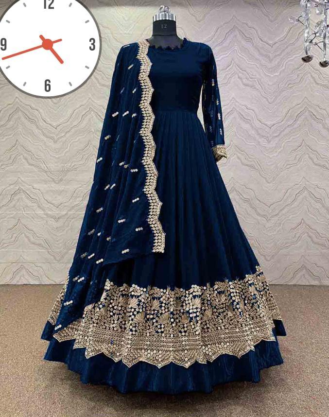 Elegant Blue Embroidered Maxi Suit - 3 Pcs Ensemble