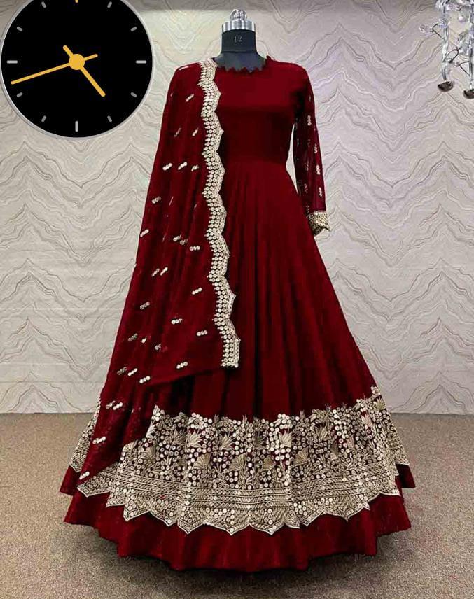 Elegant Maroon Shamoz Silk Maxi Suit - 3 Pcs Embroidered Set