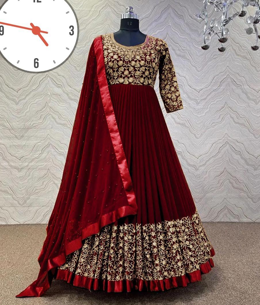 3 Pcs Maroon Embroidered Maxi Suit Set in Shamoz Silk