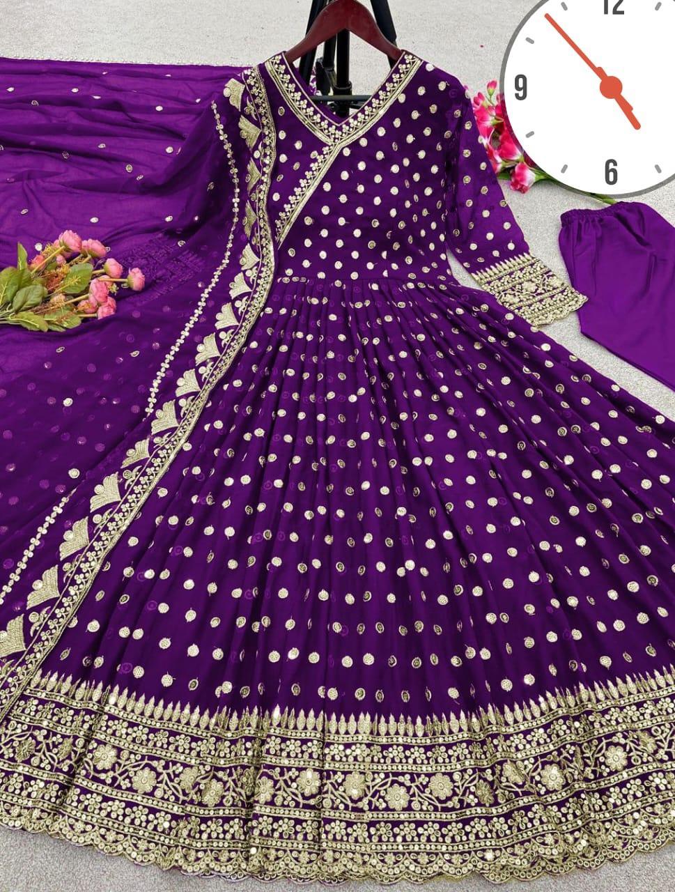 Elegant Purple Embroidered Shamoz Silk Maxi Suit - 3 Pcs