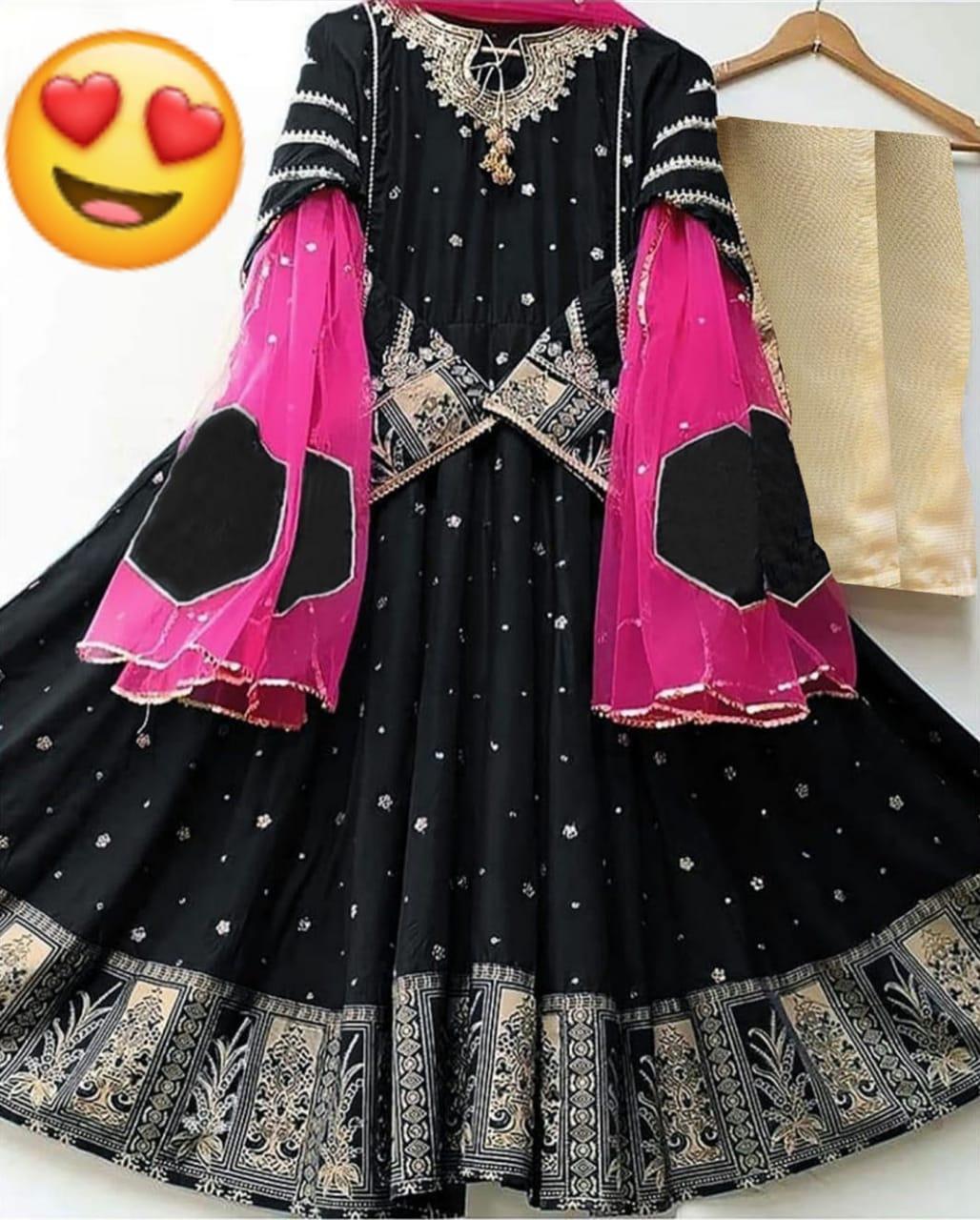 Elegant Black Embroidered Silk Maxi Suit - 3 Pcs Set