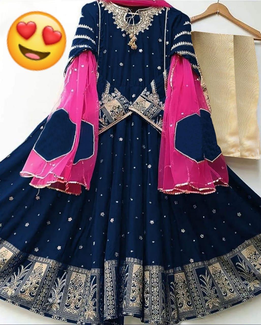 3 Pcs Silk Embroidered Maxi Suit - Women's Stitched Elegance in Blue