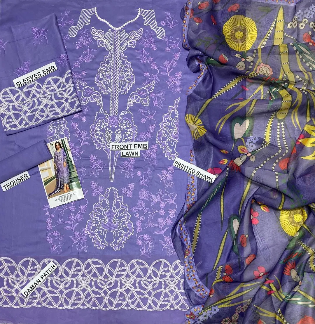 Purple Embroidered 3-Piece Lawn Suit with Digital Print Dupatta