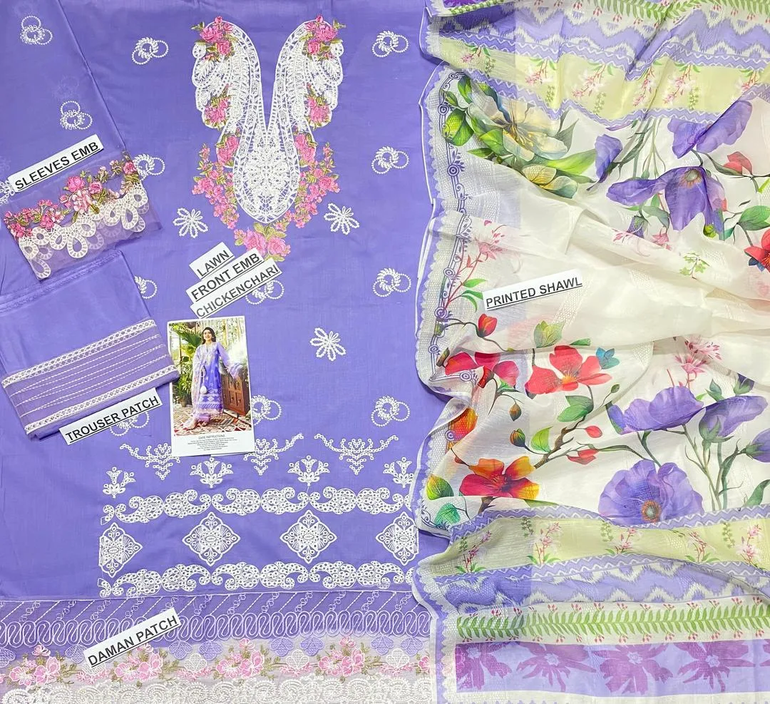 Unstitched Lawn Embroidered Purple Suit with Patchwork Daman