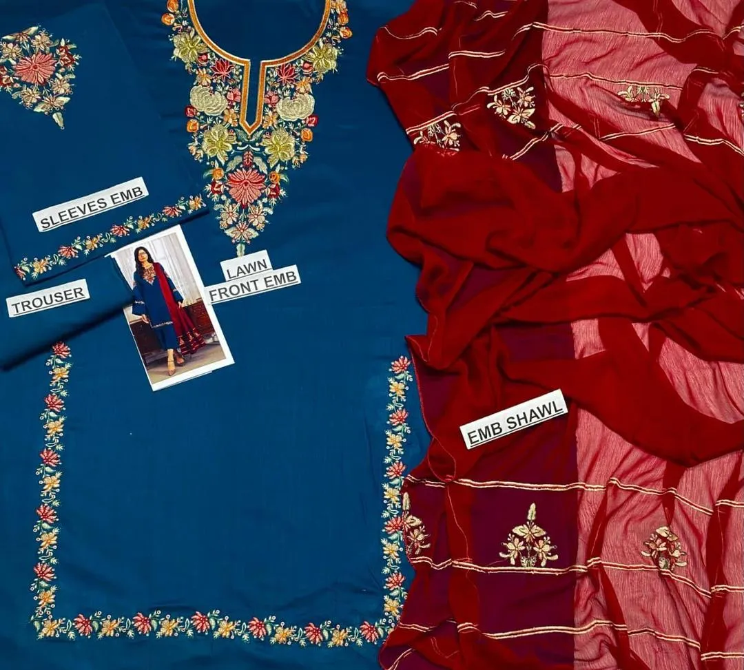Unstitched 3-Piece Embroidered Lawn Suit Teal Maroon
