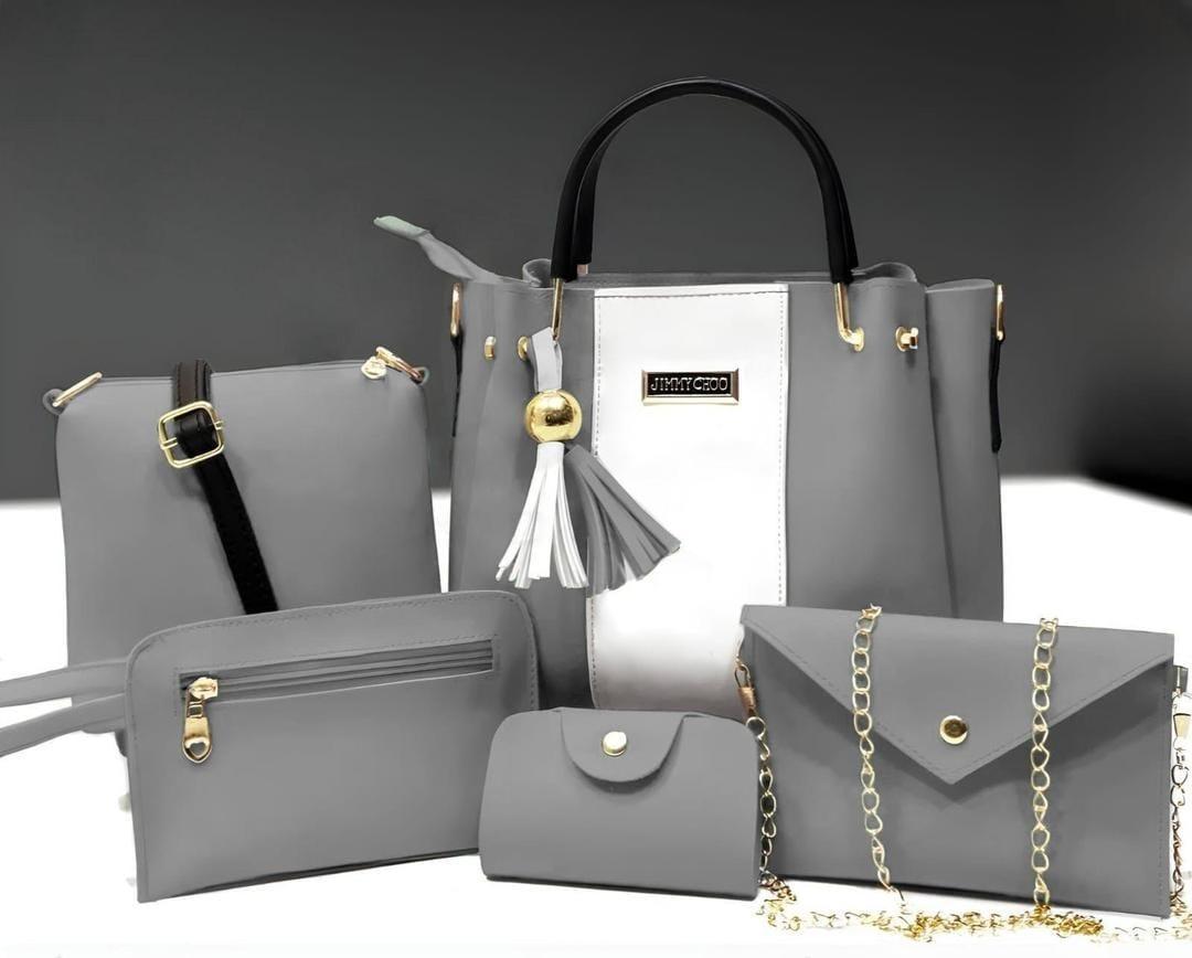 Stylish Women's PU Leather Hand Bag Set - 5 Pcs in Grey