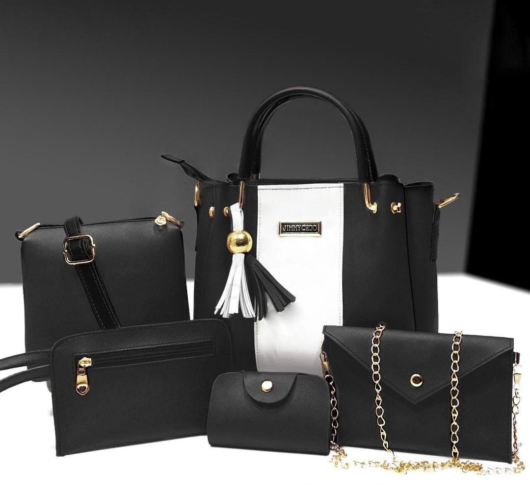 Stylish Women's 5 Pcs PU Leather Hand Bag Set in Black