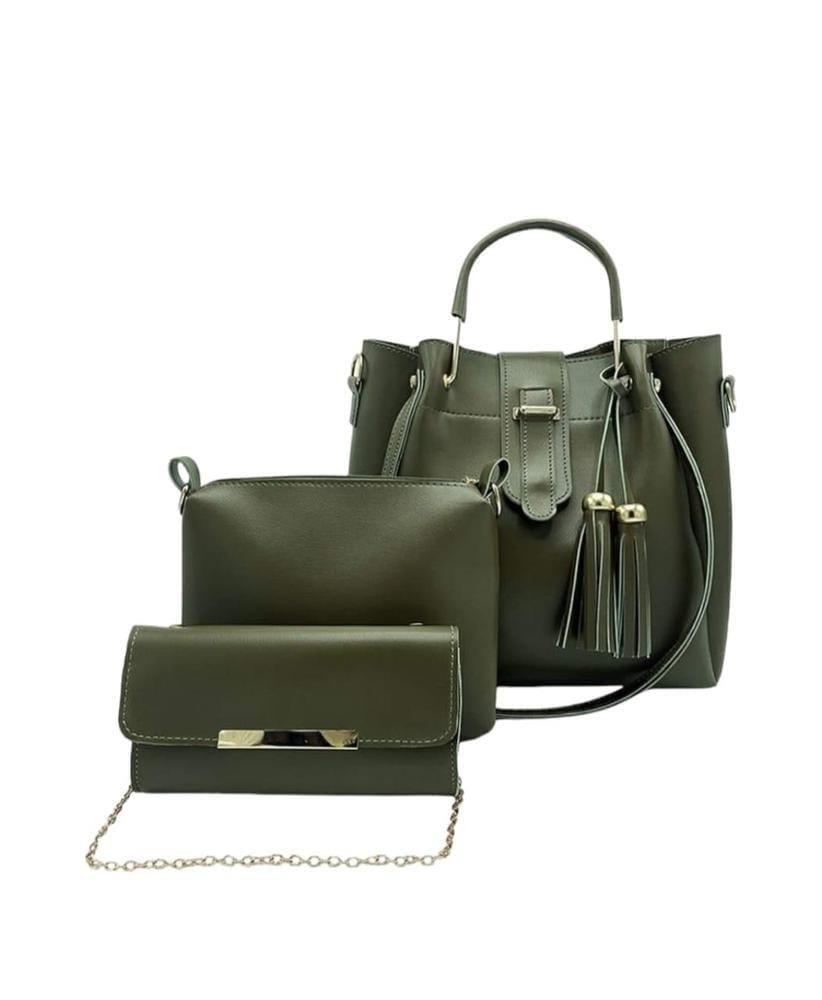 Stylish Women's Green Leather Hand Bag Set - 3 Pcs
