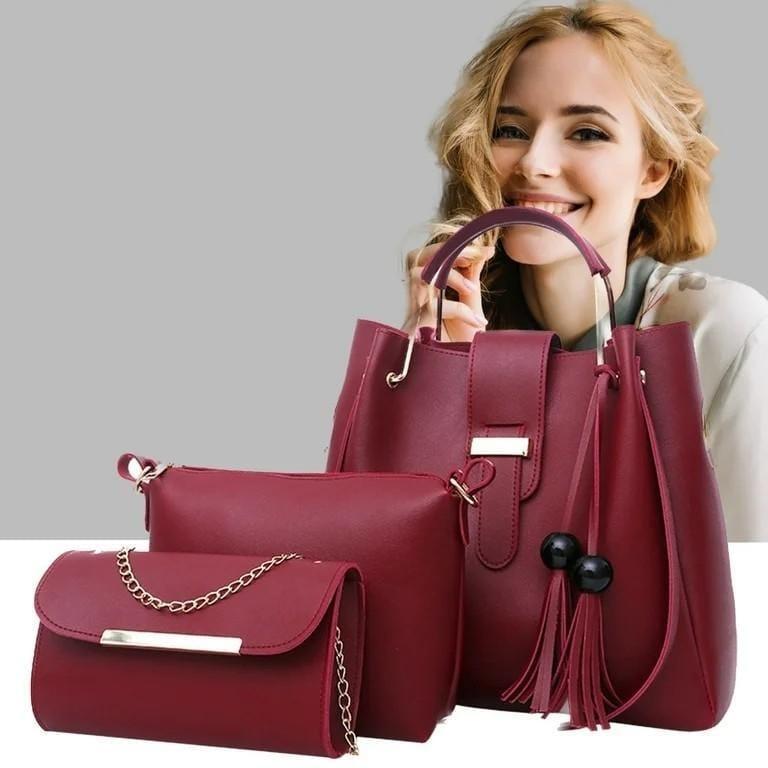 Chic Women's Leather Hand Bag Set - 3 Pcs in Maroon