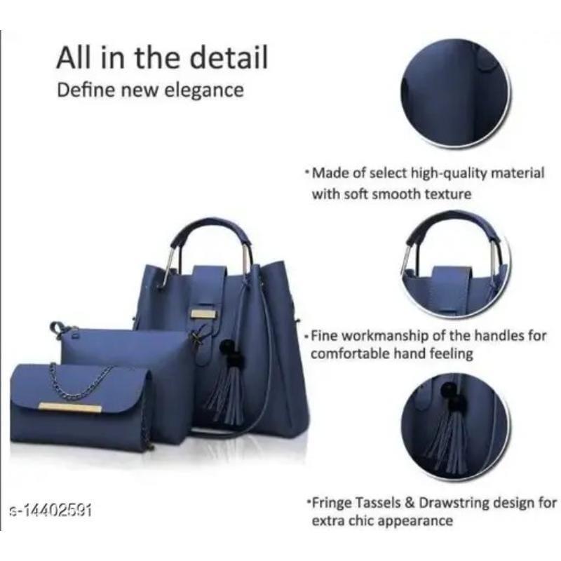 Chic Women's Leather Hand Bag Set - 3 Pcs in Blue