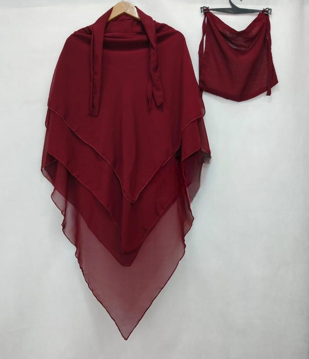 Luxurious Maroon Chiffon Hijab Set - 2 Pcs with Sleeves & Buttons