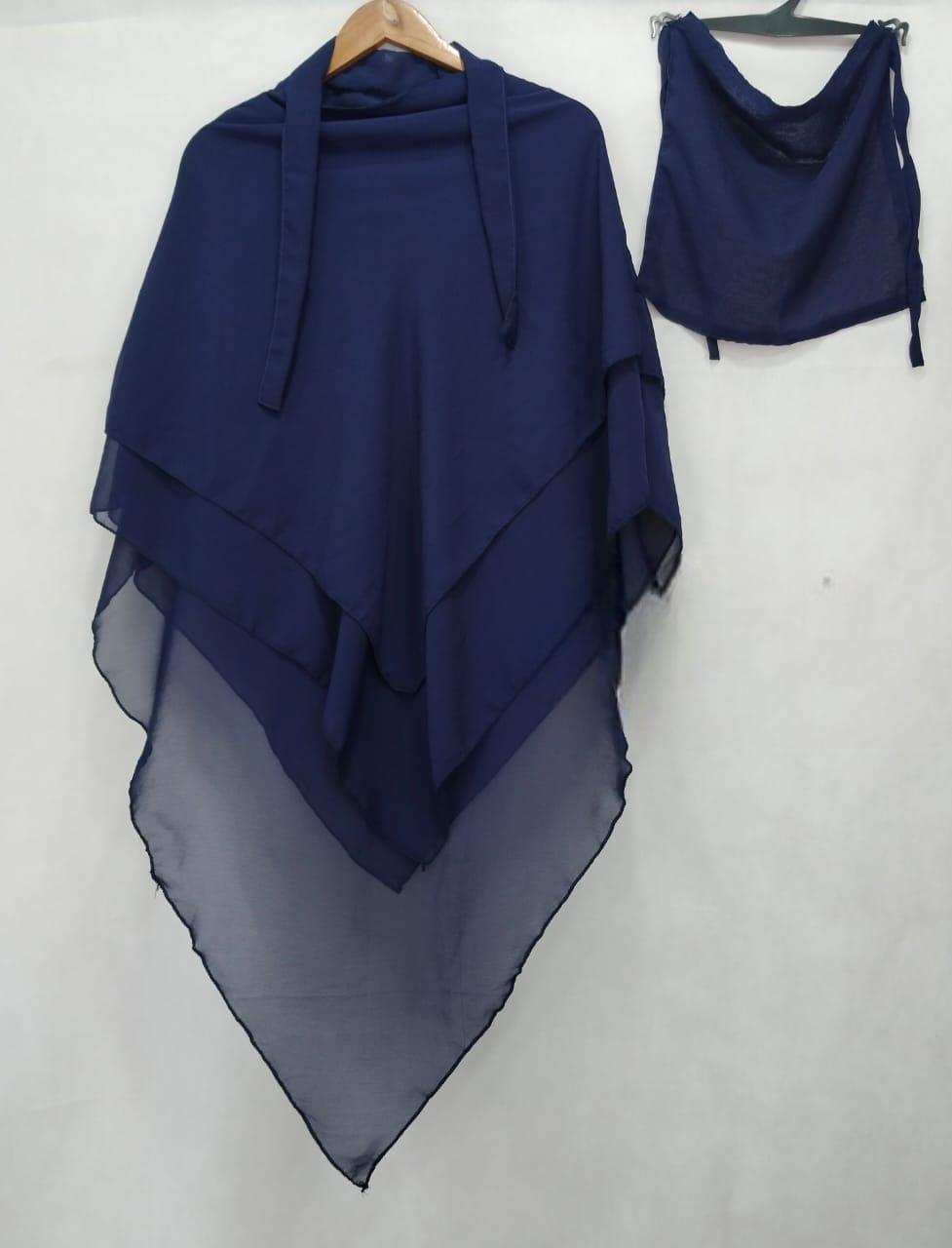 Stylish Blue Chiffon Hijab Set - 2 Pcs with Sleeves & Buttons