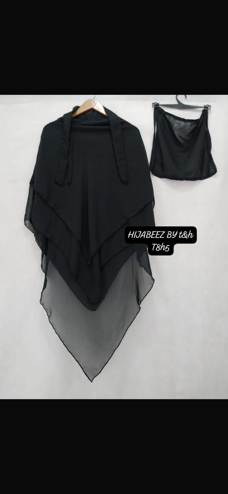 Stylish Black Chiffon Hijab Set – 2 Pcs with Sleeves & Buttons