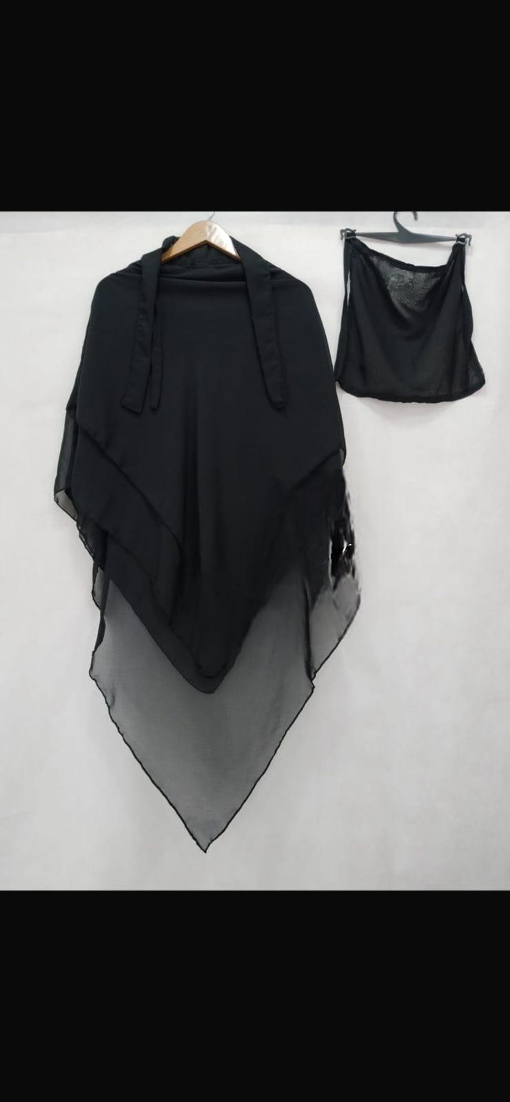 Stylish Black Chiffon Hijab Set – 2 Pcs with Sleeves & Buttons