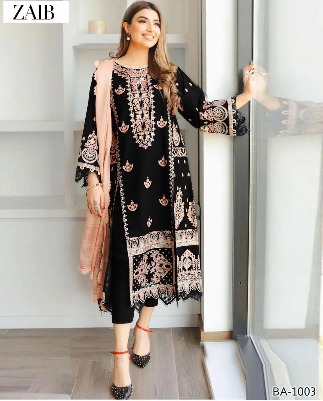 Black Embroidered Suit - 3 Pcs Set with Dupatta, Shirt and Trouser