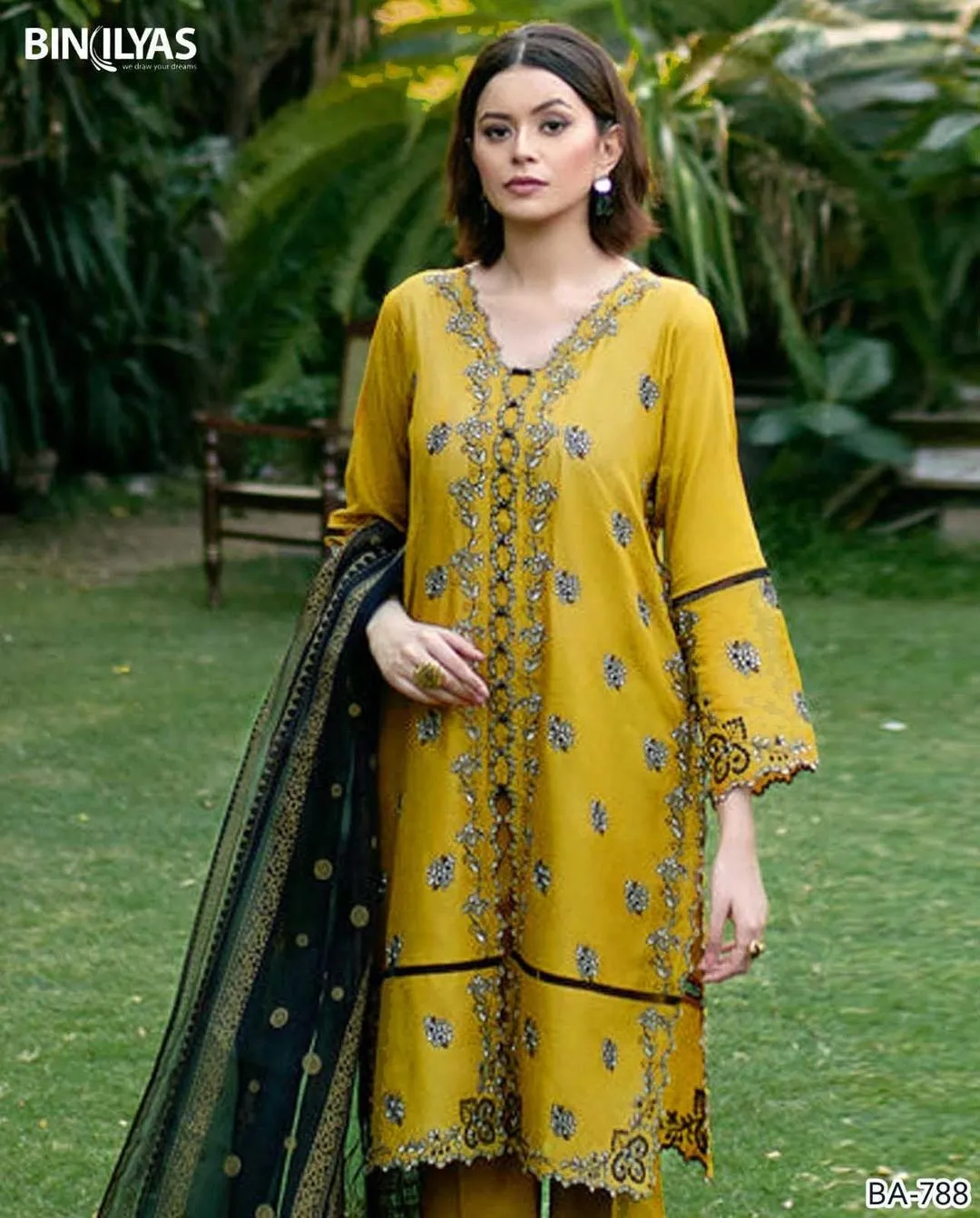 Mustard Embroidered Suit Set with Dupatta - 3 Pcs
