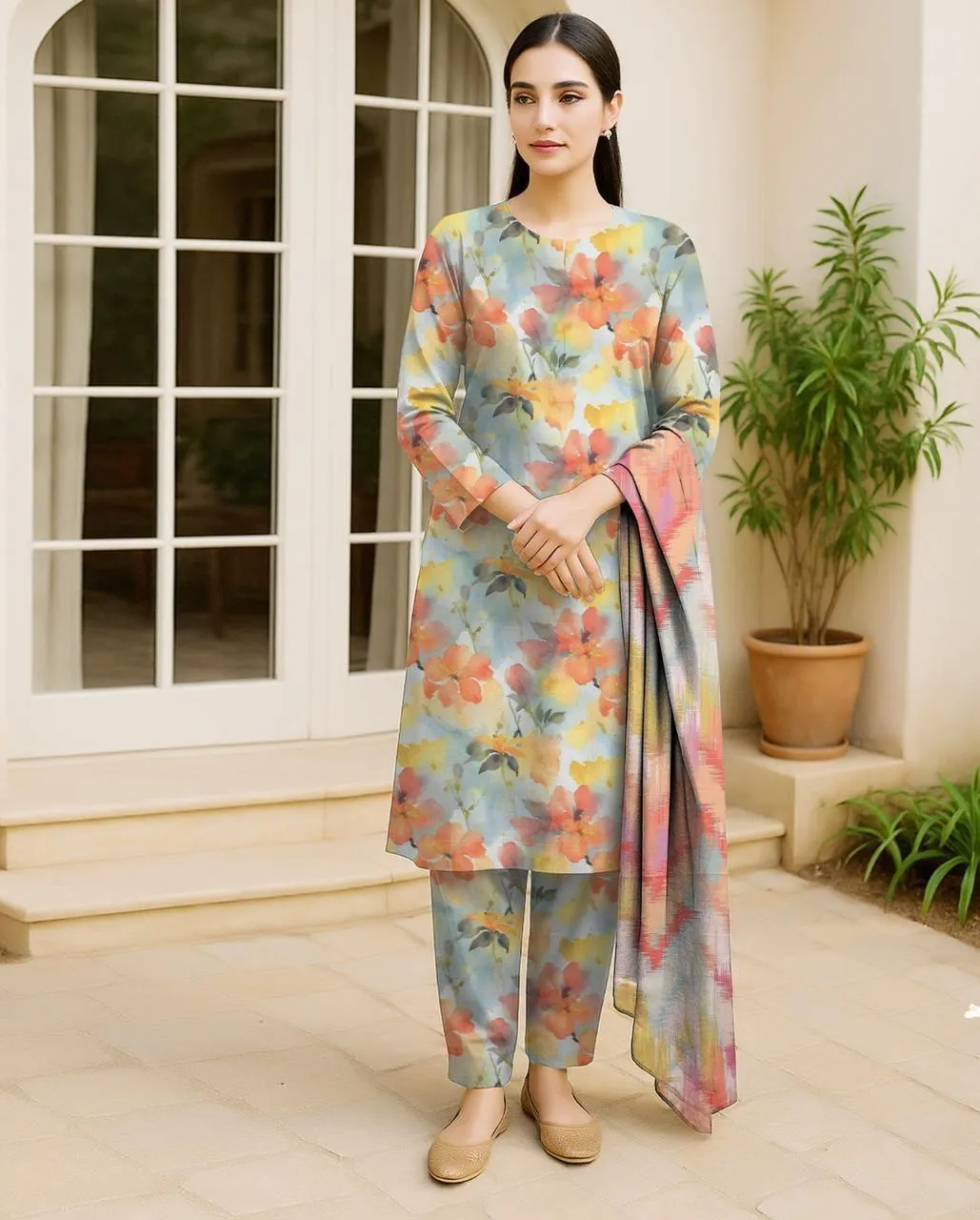 3 Pcs Women's Unstitched Digital Print Suit