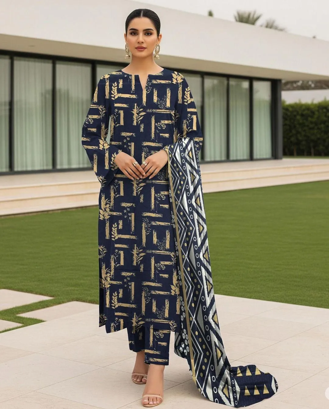 3 Pcs Women's Unstitched Digital Print Suit