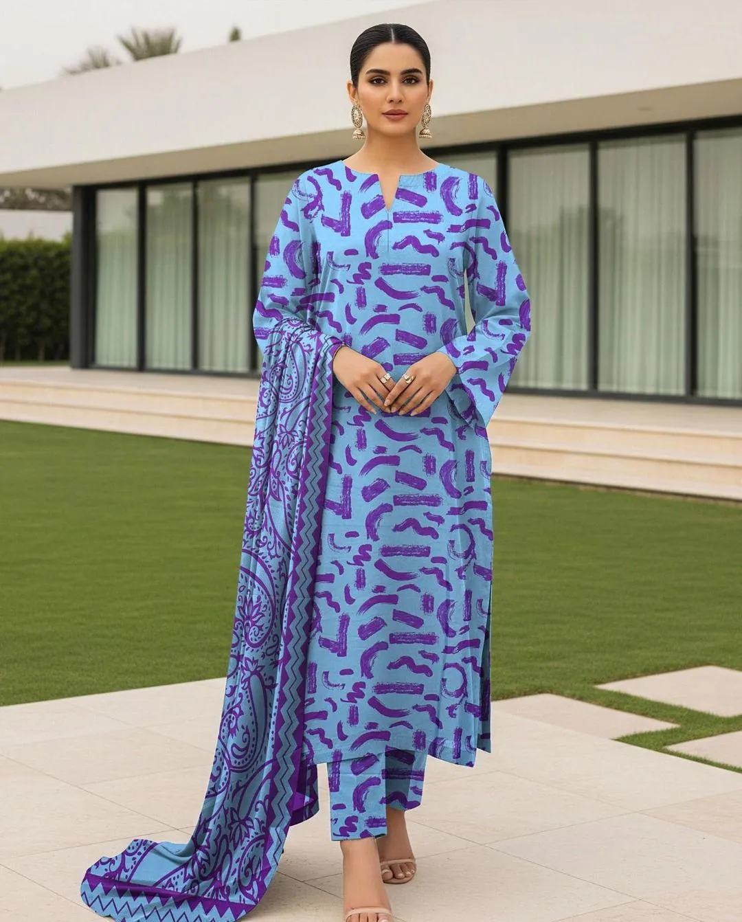 3 Pcs Women's Unstitched Digital Print Suit