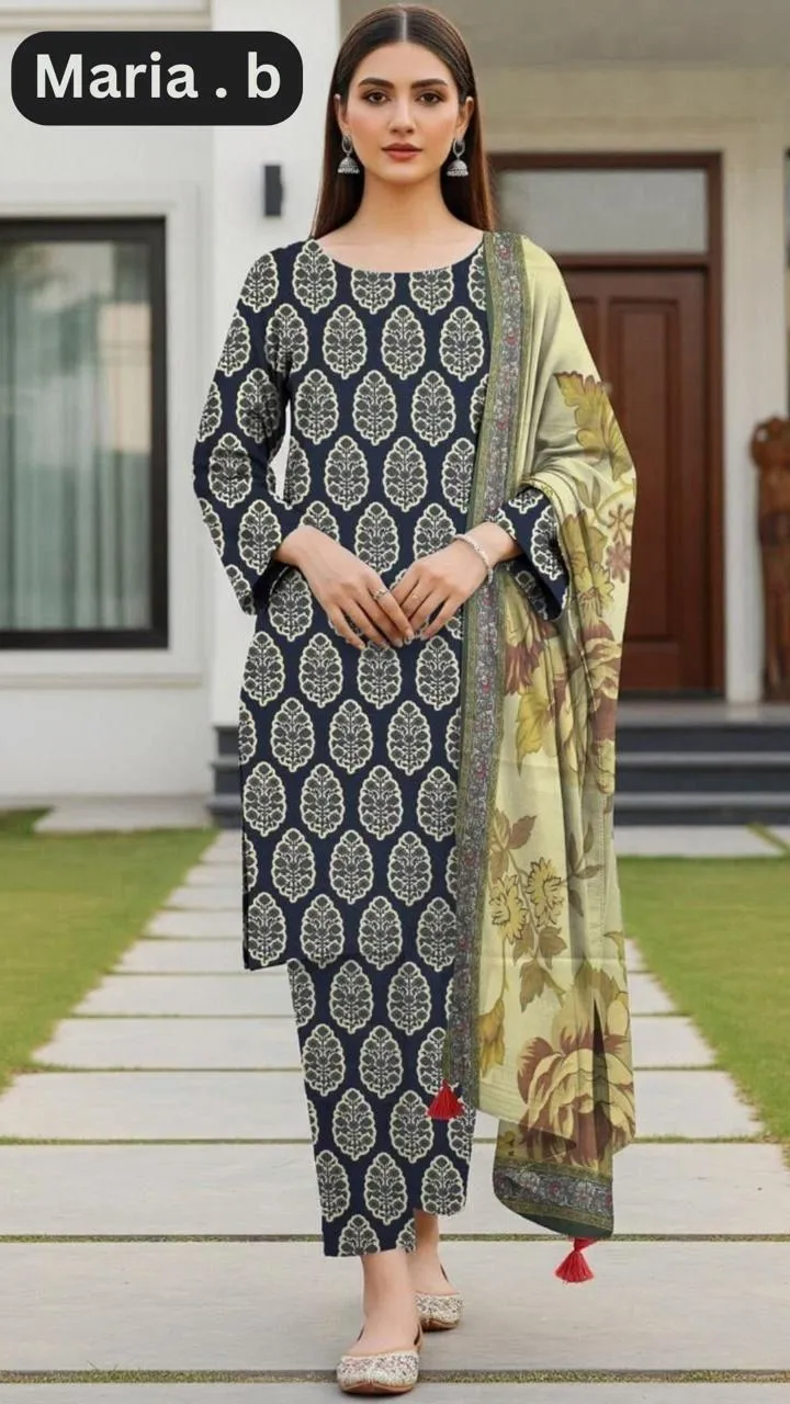 3 Pcs Women's Unstitched Digital Print Suit