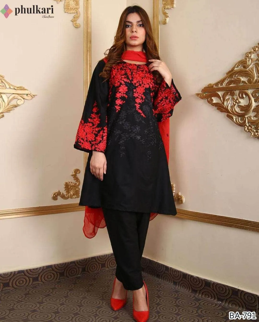 Stylish Black Embroidered Suit - 2 Pcs Set with Dhanak Fabric