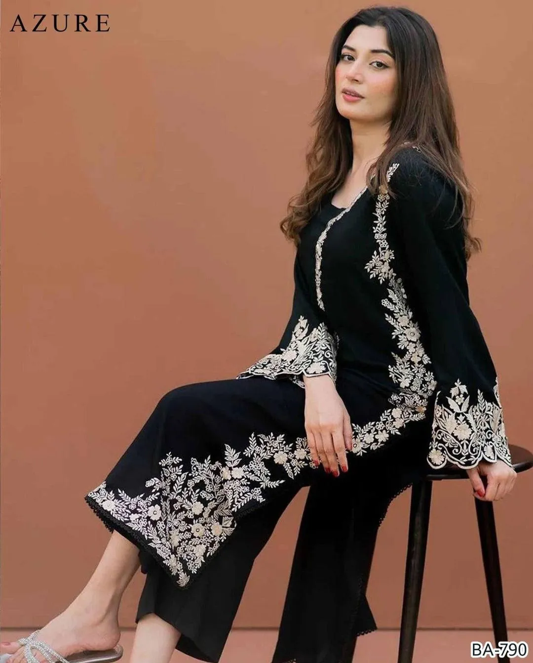 Stylish Black Embroidered Suit Set - 2 Pcs