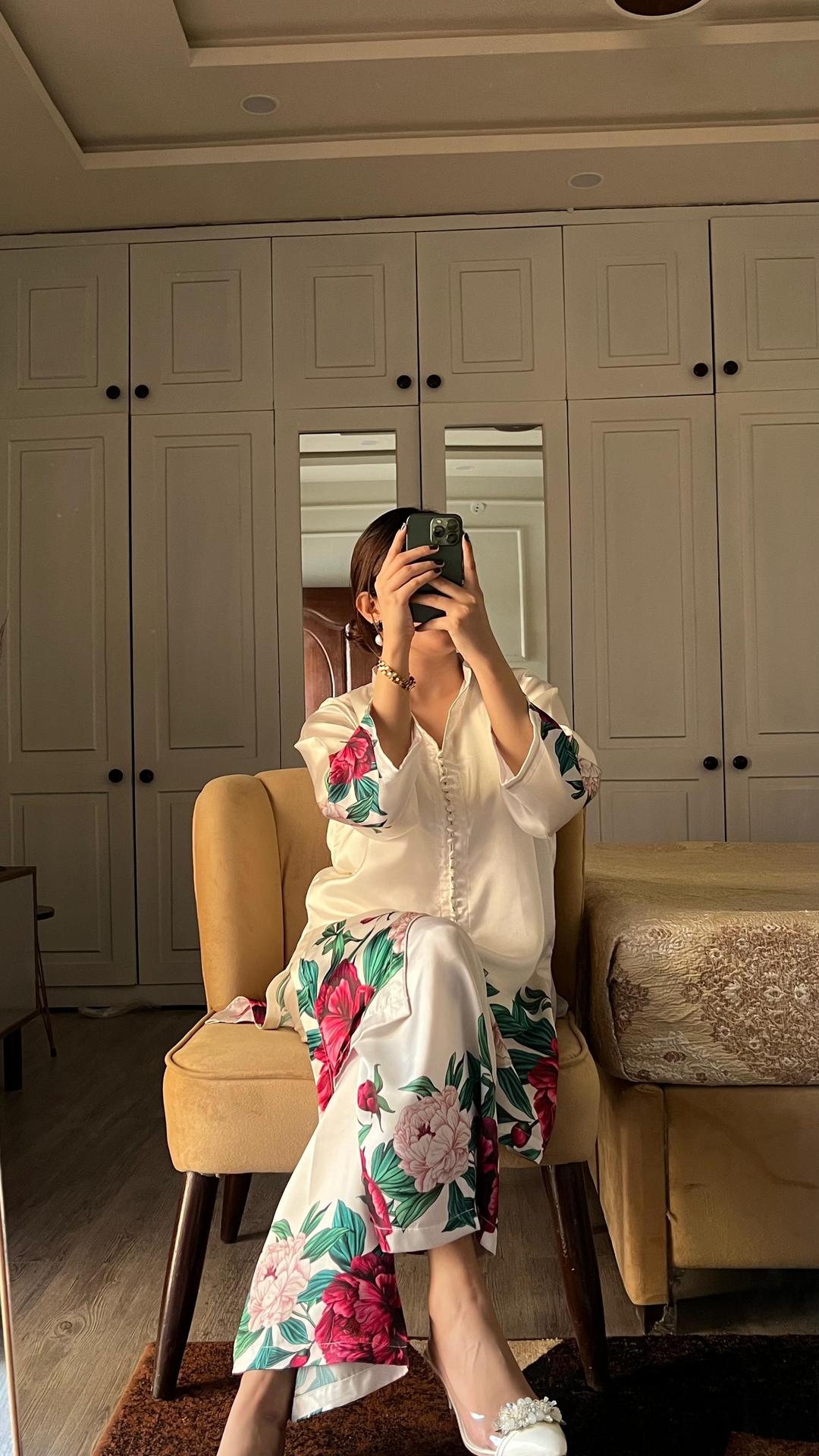 Elegant White Printed Velvet Shirt And Trouser Set for Women