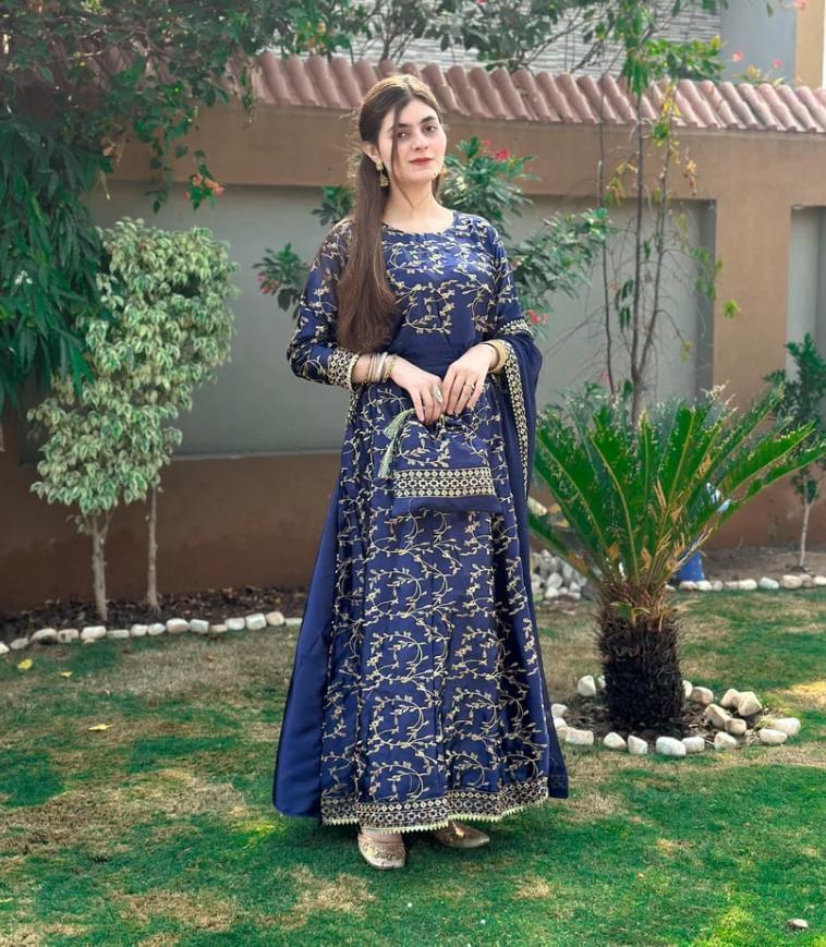 Navy Blue Embroidered Silk Lehenga Choli - 4 Pcs Ensemble