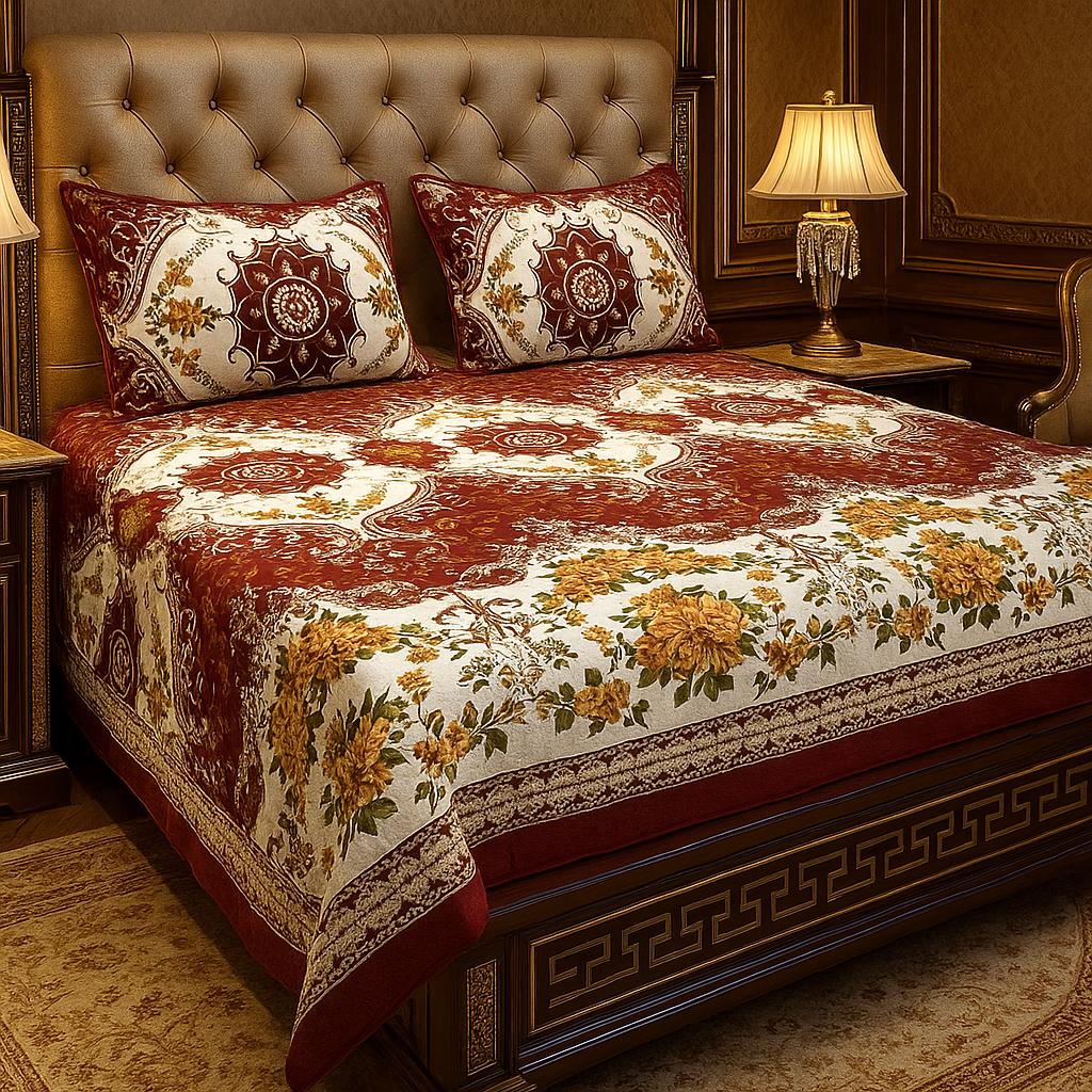 3 Pcs Crystal Cotton Printed Double Bedsheet