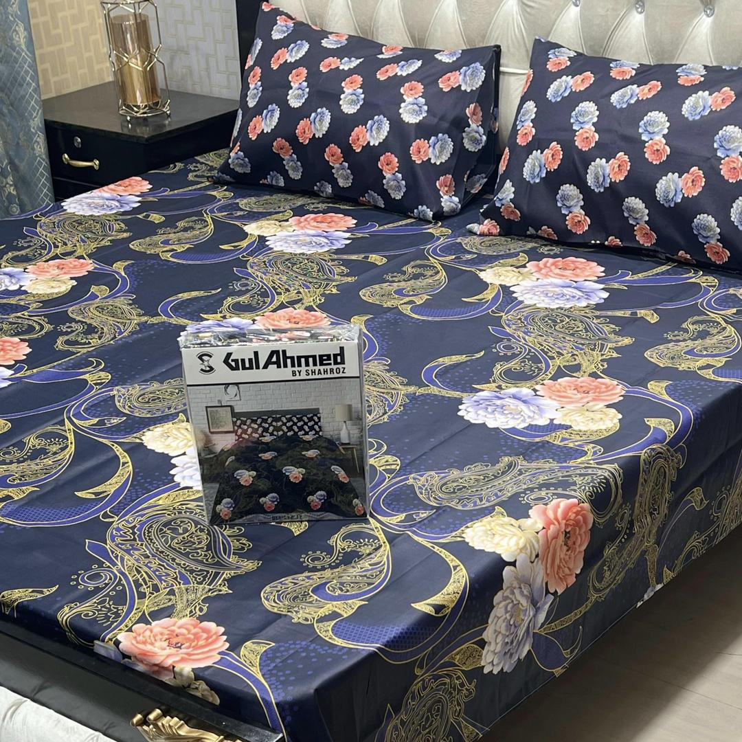 3 Pcs Cotton Salonica Printed Double Bedsheet