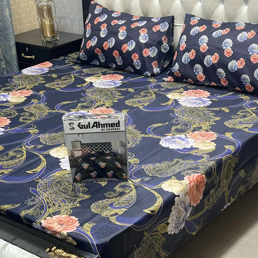 3 Pcs Cotton Sotton Printed Double Bedsheet