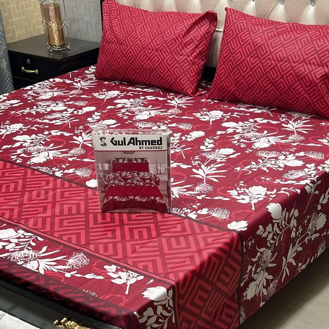 3 Pcs Cotton Salonica Printed Double Bedsheet